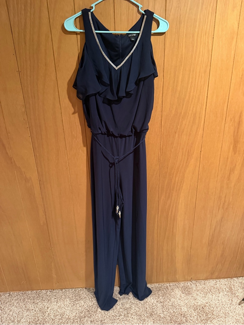 Navy Sleeveless Ruffle V-Neck Jumpsuit with Braided Tie